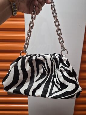 Zebra Print Clutch with Silver Chain Strap